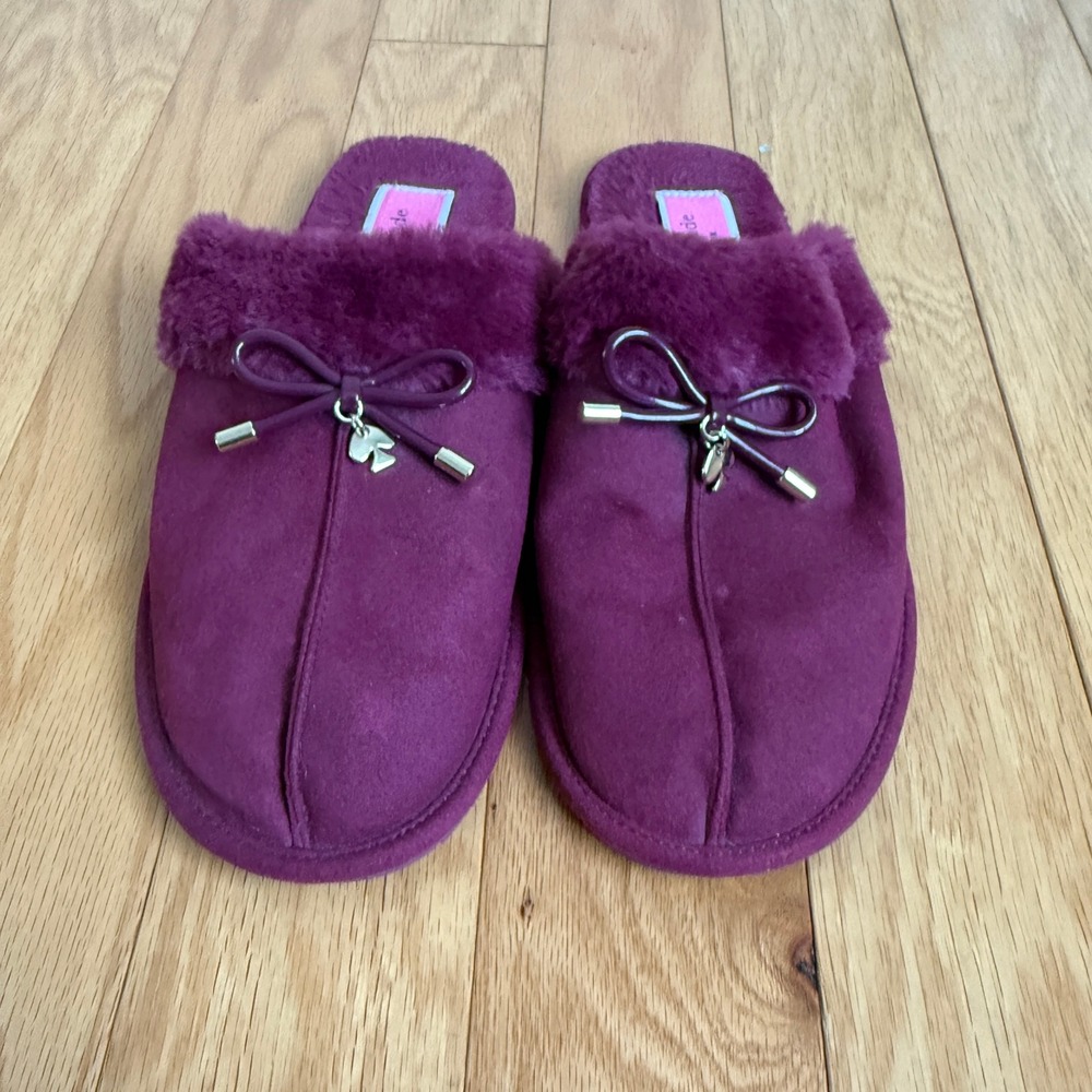 Kate‎ Spade New York Plum Purple Faux Fur Luxury Mob Wife Slippers Slides sz 7